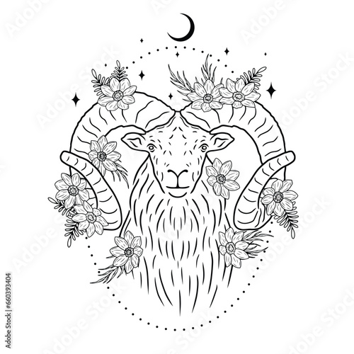 Minimalistic art goat with flowers  abstract background  vector art