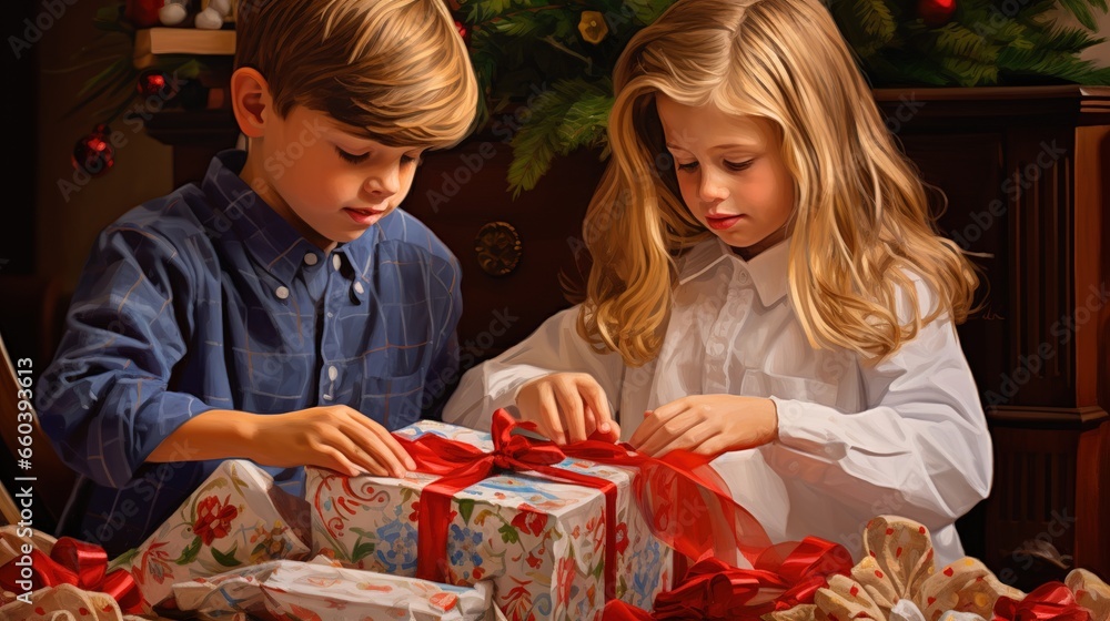 joyful children unwrapping presents Christmas morning