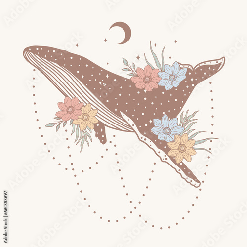 Photography Minimalistic art whale with flowers, abstract background, vector art