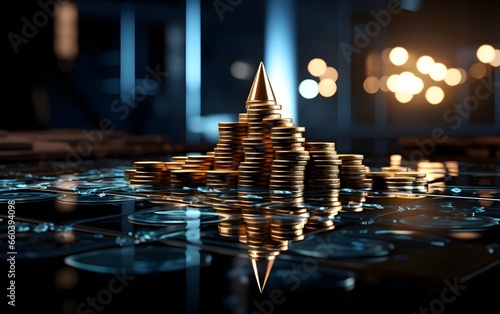 Coins and gold fashioned into towering skyscrapers  symbolizing the business of real estate. Set against a dark background  the golden hues shine prominently  representing wealth and prosperity