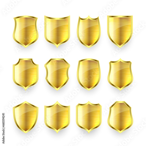 Set of various vintage 3d metal shield icons. Shiny golden heraldic shields. Black protection and security symbol  label. Vector illustration