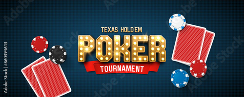 Poker tournament banner. Poker table with cards and chips. Vector illustration.