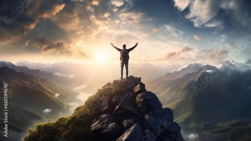 A single person standing at the top of a mountain