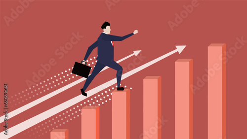 目標に向かって上昇しているグラフの上を駆け上がっているビジネスマン（赤）　Businessman running up on a graph rising toward a goal (red)