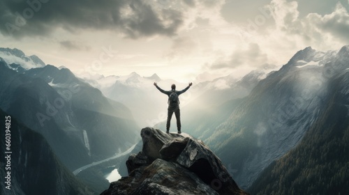 A single person standing at the top of a mountain