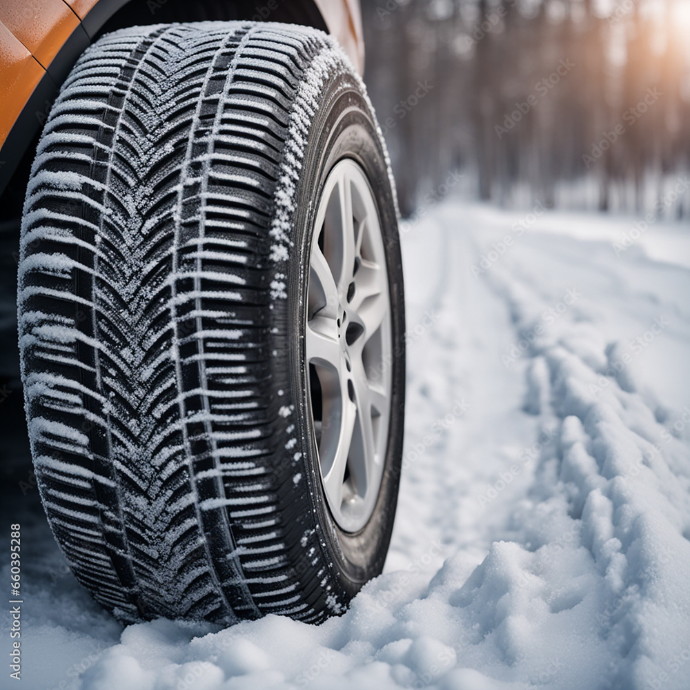 Close up of Car tires in winter on the road covered with snow. Winter tire