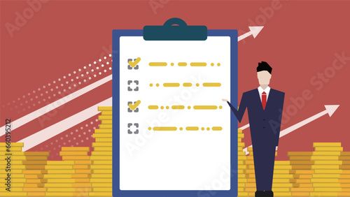 ポイント活動のアンケート案件で収入を得ることを提案するビジネスマン（赤）　Businessman proposing to earn income from survey projects for point activities (red)