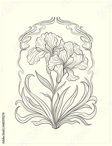 Frame with a iris flower in the style of Art Nouveau. Beautiful iris vintage floral composition 1920-1930 years.