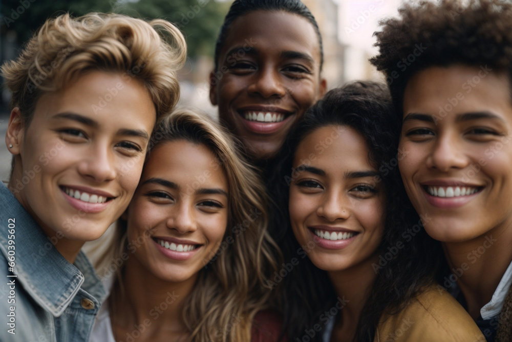 Group of five multi ethnic friends smiling in the street Group of five multi ethnic friends smiling in the street