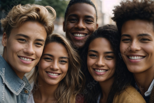Group of five multi ethnic friends smiling in the street