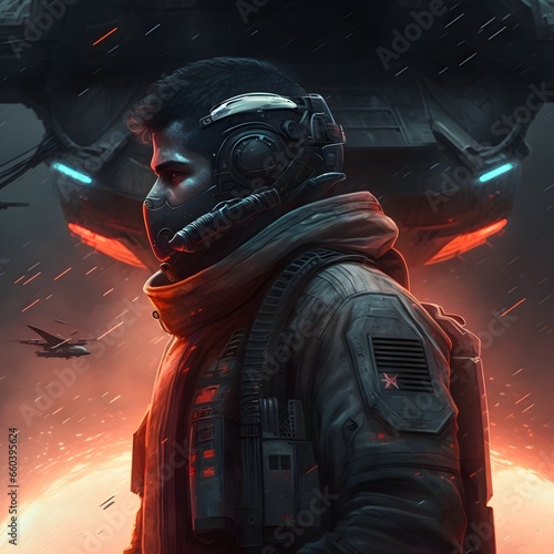 add space background and give the mercenary a scifi helmet  photo