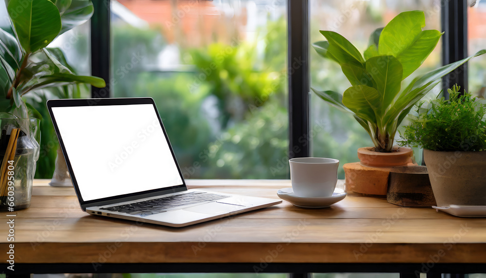 Work and Sip: Laptop, Coffee, and Greenery on a Wooden Table