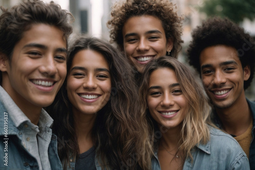 portrait of a happy group of friends in the city