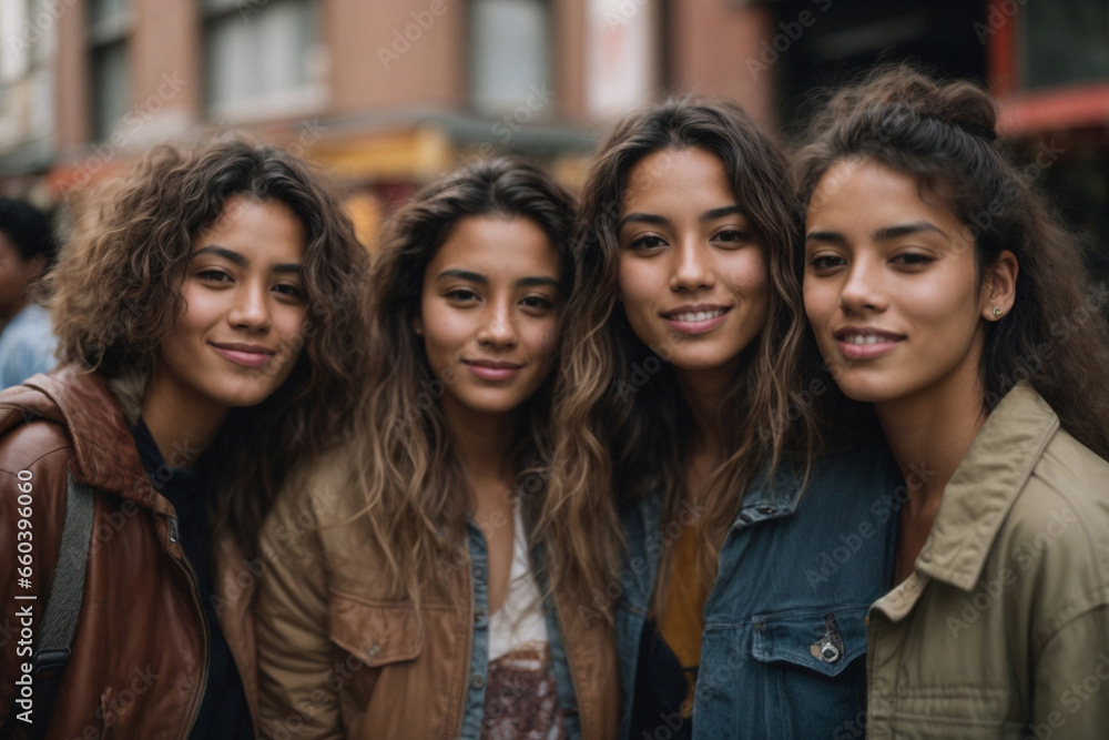 Group of woman friends smiling in the street. AI Generative