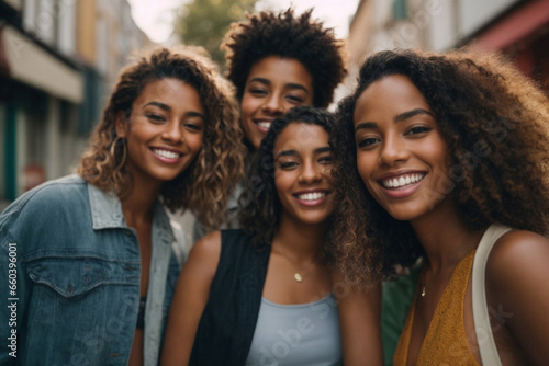 group of woman friends in the street smiling and enjoying. AI Generative 