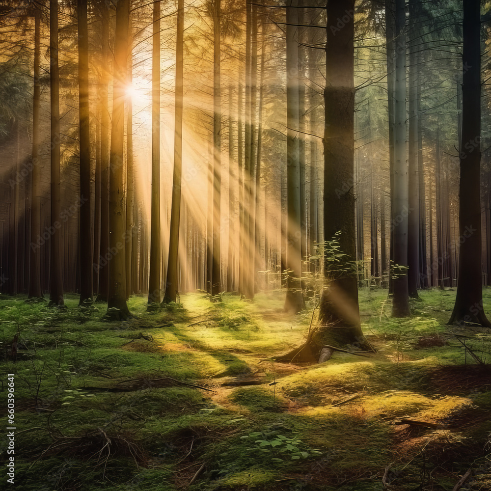 Obraz premium Sun-Kissed Forest: Nature's Radiant Embrace