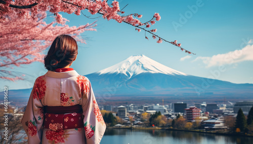 Japanese Elegance: An Asian Woman Wearing a Traditional Kimono with the Majestic Mount Fuji and Kawaguchiko Lake in the Background