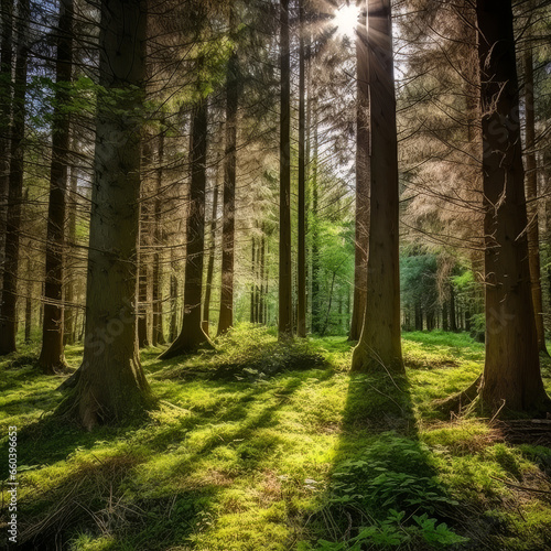 Woodland Elegance: Sunlight's Dance Amidst the Trees