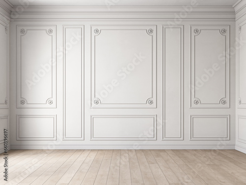 Classic white empty interior with blank walls with moldings, stucco and wood floor. 3d render illustration mockup.
