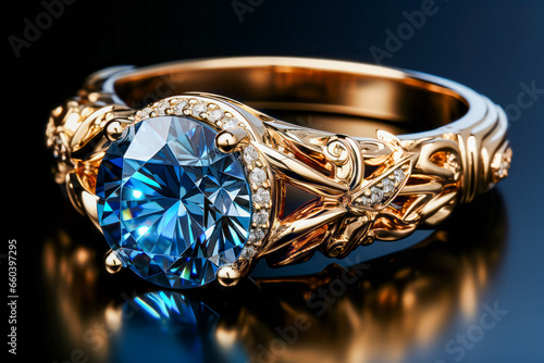 Close up of ring with blue stone in it.