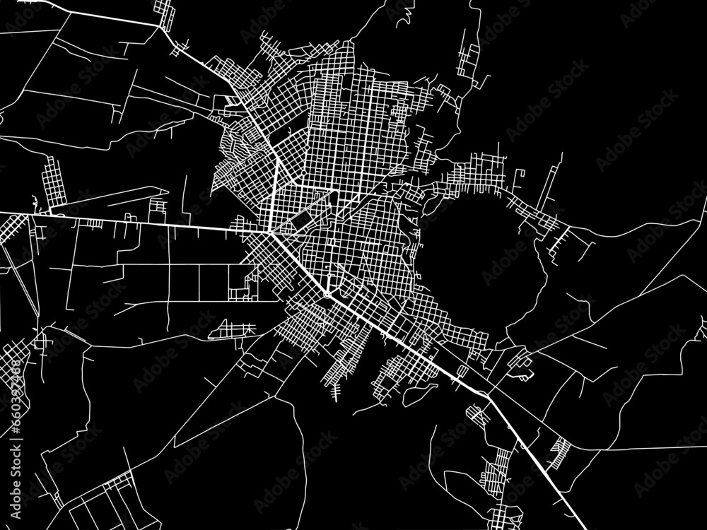 Vector road map of the city of  Apatzingan in Mexico with white roads on a black background.