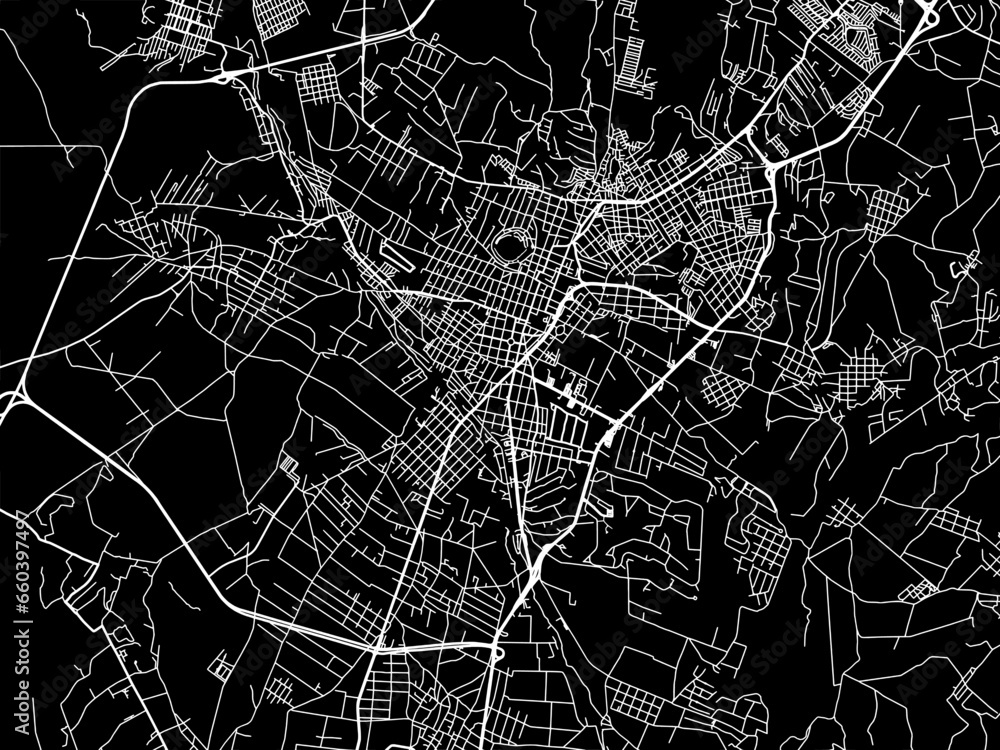 Vector road map of the city of  Atlixco in Mexico with white roads on a black background.