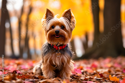 Small dog sitting on top of pile of leaves. © valentyn640