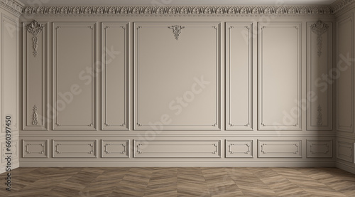 Classic empty beige interior with moldings, stucco, blank wall and wood floor. 3d render illustration mockup.