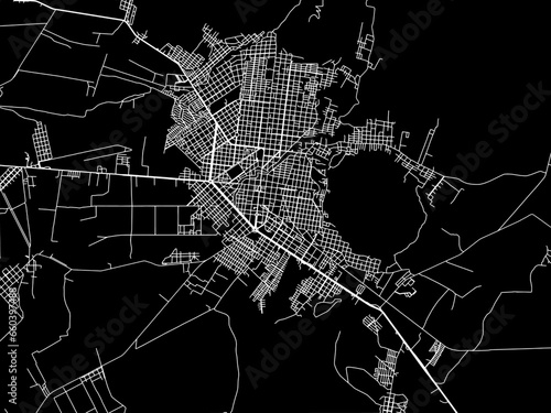 Vector road map of the city of  Apatzingan in Mexico with white roads on a black background.