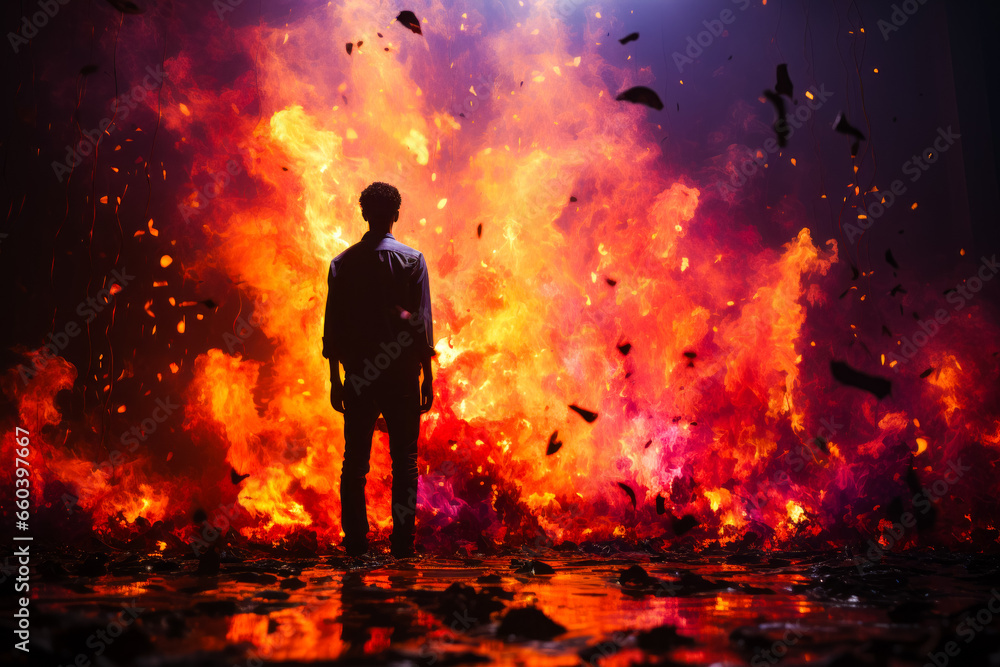 Man standing in front of large fire filled wall.