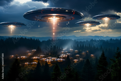 Group of aliens flying over forest under cloudy sky.