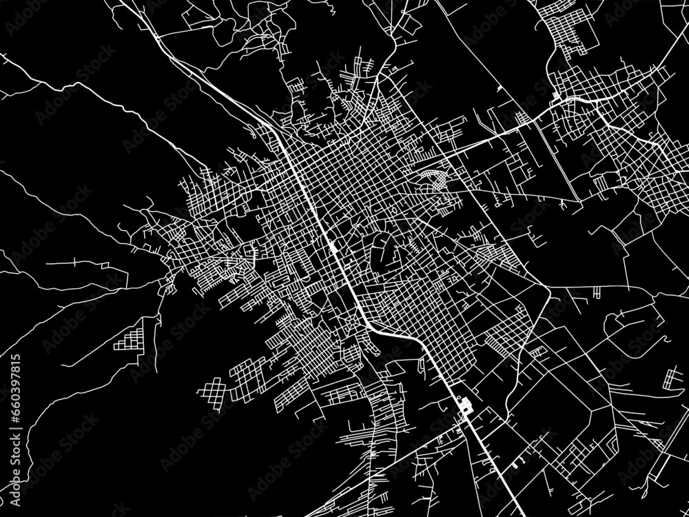 Vector road map of the city of  Comitan in Mexico with white roads on a black background.