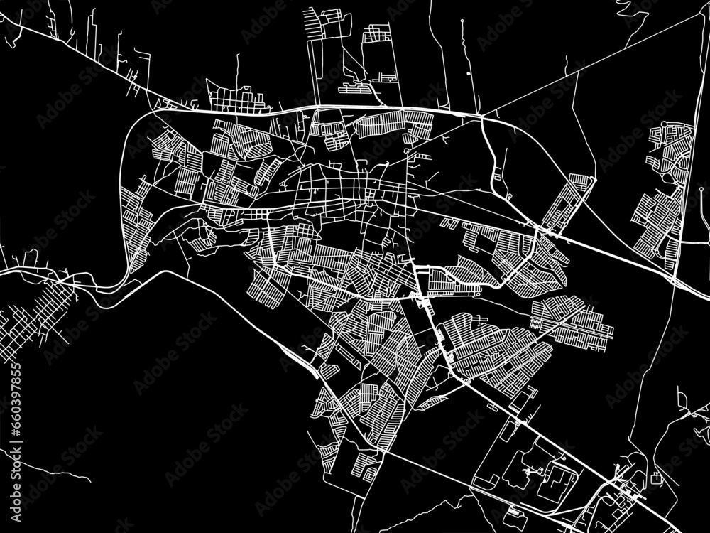 Vector road map of the city of  Garcia in Mexico with white roads on a black background.