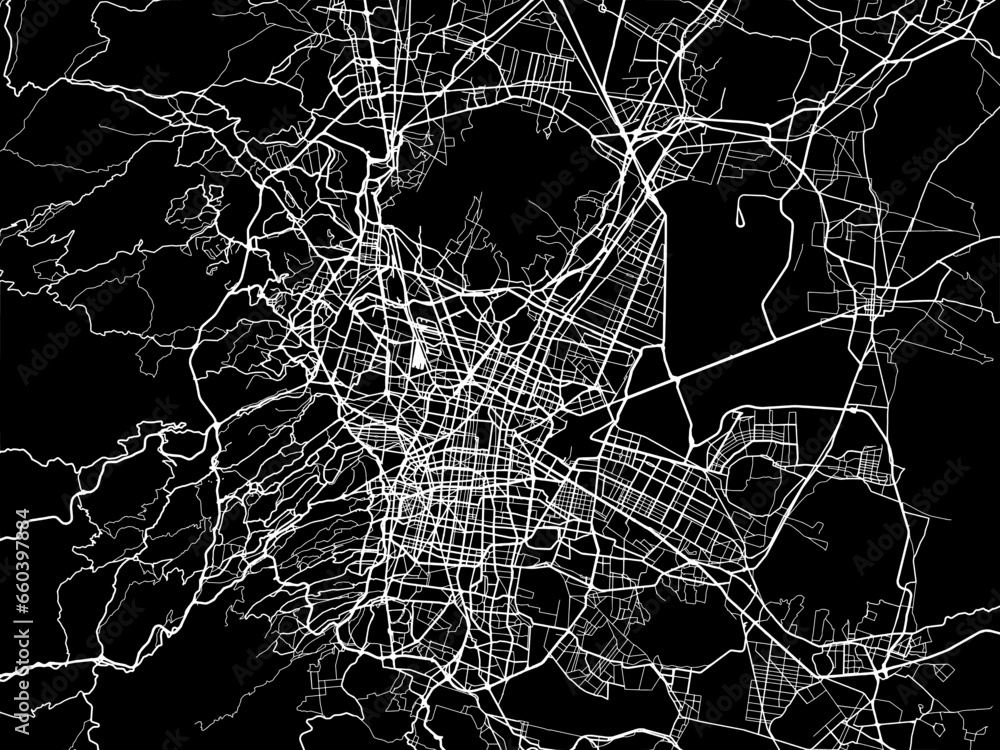 Vector road map of the city of  Greater Mexico City in Mexico with white roads on a black background.