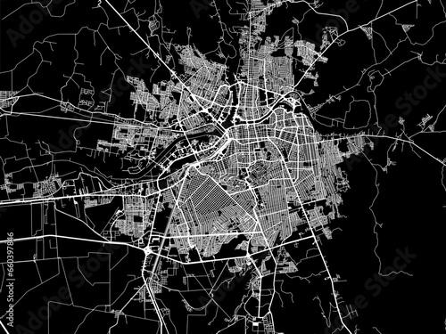 Vector road map of the city of  Culiacan in Mexico with white roads on a black background.