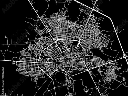 Vector road map of the city of  Fresnillo in Mexico with white roads on a black background.