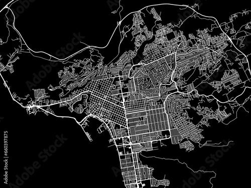 Vector road map of the city of  Ensenada in Mexico with white roads on a black background.