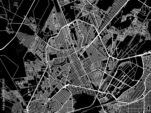Vector road map of the city of  Gomez Palacio in Mexico with white roads on a black background.