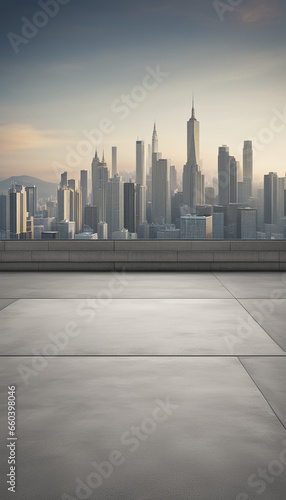 Empty cement floor with cityscape and skyline background