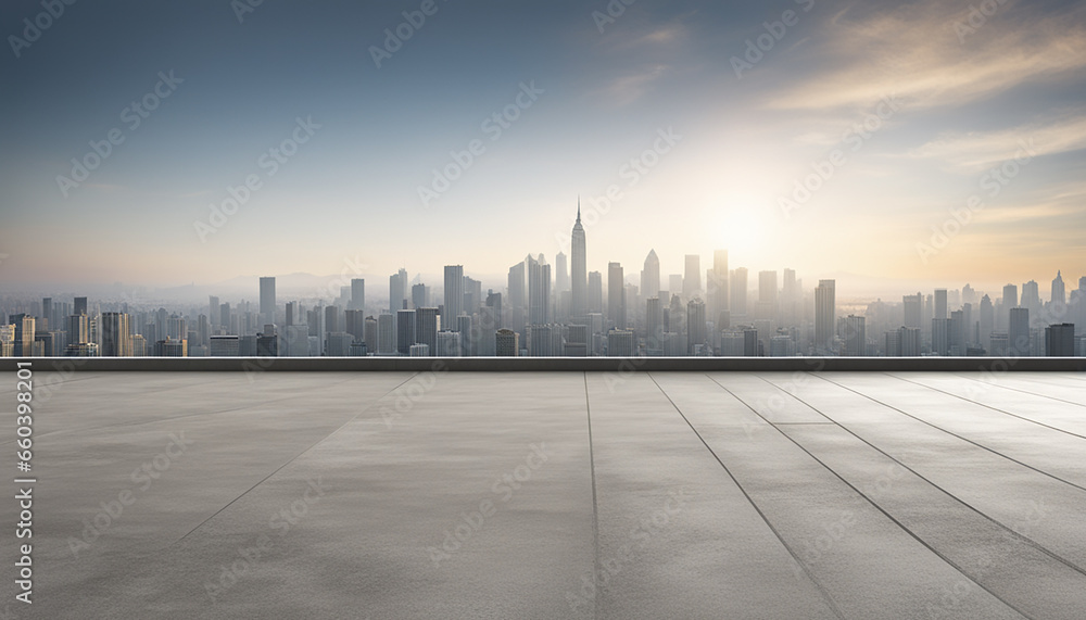 Empty cement floor with cityscape and skyline background - obrazy, fototapety, plakaty 