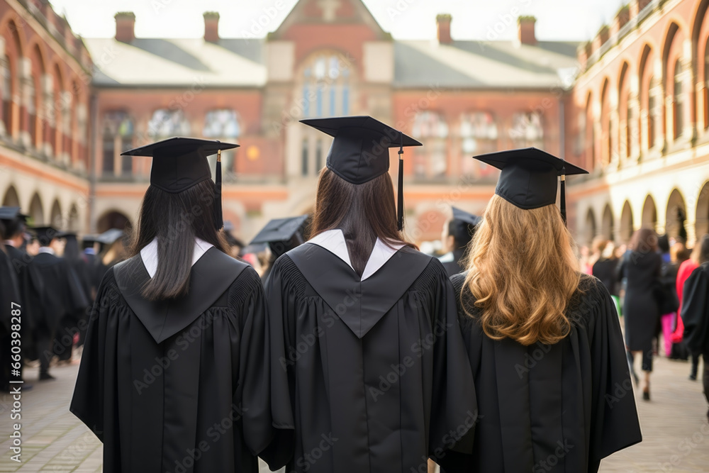 Rear view of university graduates wearing graduation gown and cap in the commencement day in background of university. Success concept for events and achievements.