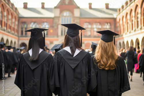 Rear view of university graduates wearing graduation gown and cap in the commencement day in background of university. Success concept for events and achievements.