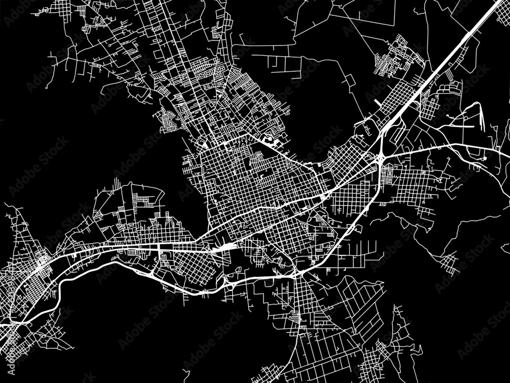 Vector road map of the city of  Orizaba in Mexico with white roads on a black background.