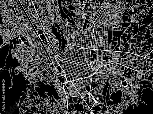 Vector road map of the city of  Oaxaca in Mexico with white roads on a black background.