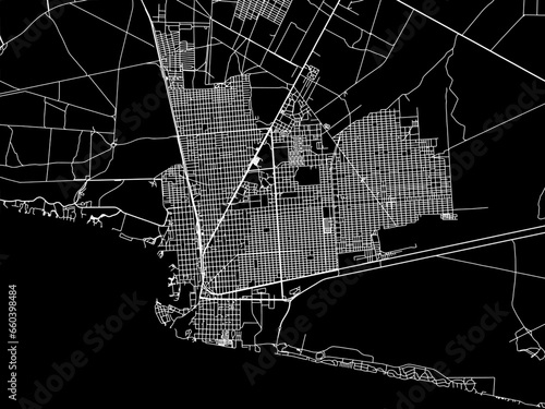 Vector road map of the city of  Puerto Penasco in Mexico with white roads on a black background.