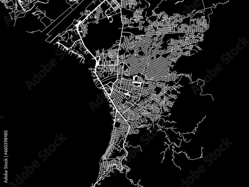 Vector road map of the city of  Puerto Vallarta in Mexico with white roads on a black background.
