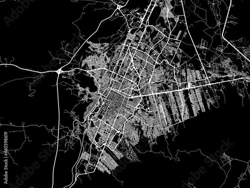 Vector road map of the city of  Saltillo in Mexico with white roads on a black background.