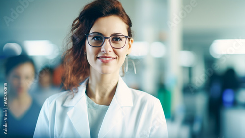 Beautiful young woman scientist wearing white coat and glasses in modern medical science laboratory.