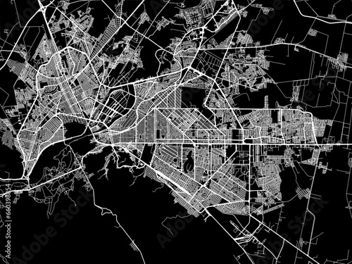 Vector road map of the city of  Torreon in Mexico with white roads on a black background.