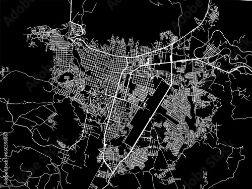 Vector road map of the city of  Uruapan in Mexico with white roads on a black background.